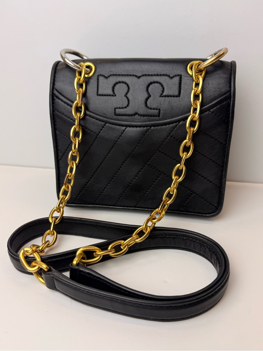 Tory Burch Alexa Mini Black Quilted Leather Crossbody Shoulder Bag Chain Strap